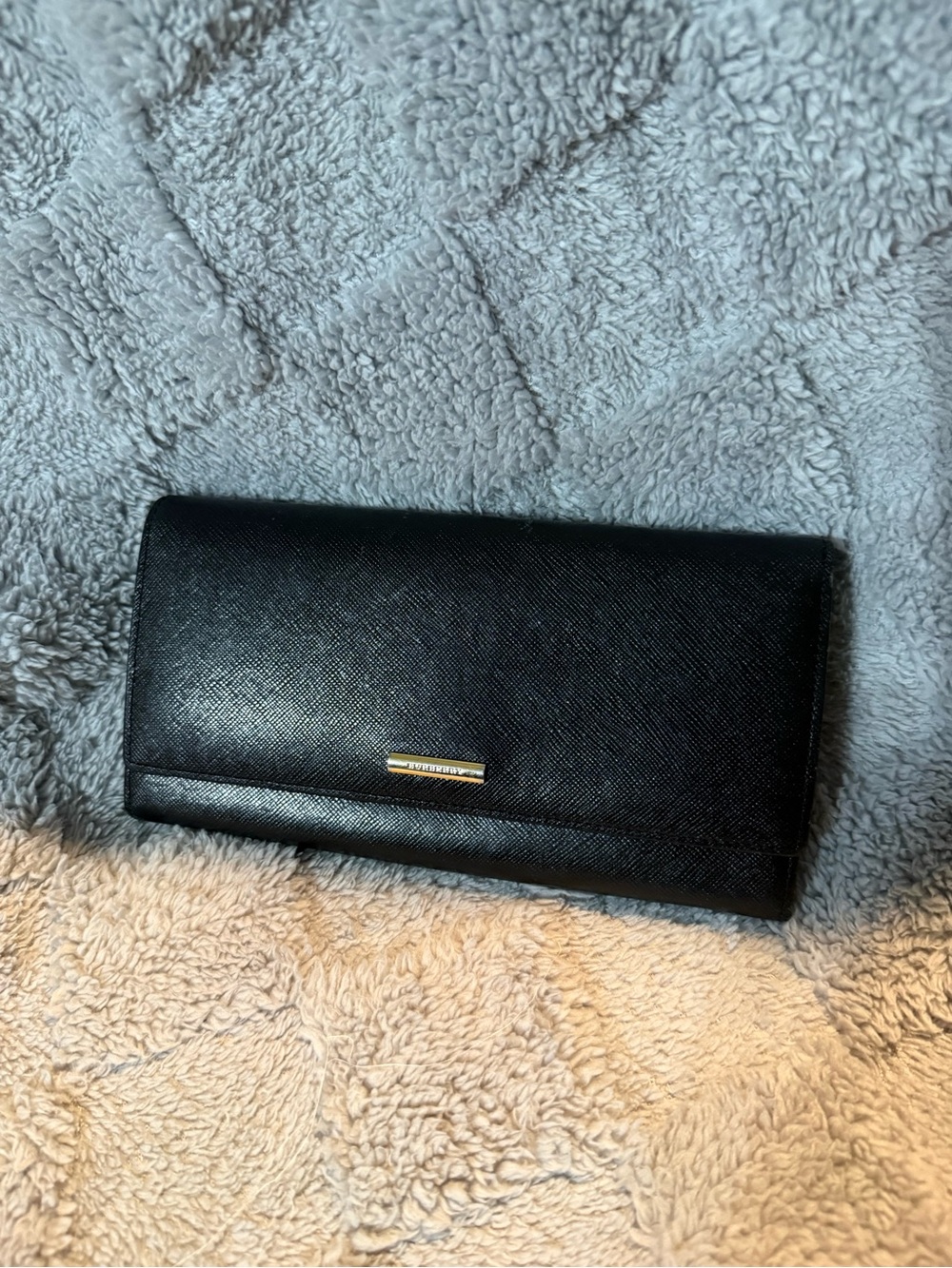 Burberry Black Leather Continental Wallet with Gold Bar